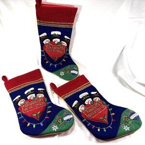 Set Of 3 Knitted Christmas Stockings Embroidered Snowmen and Accents‎